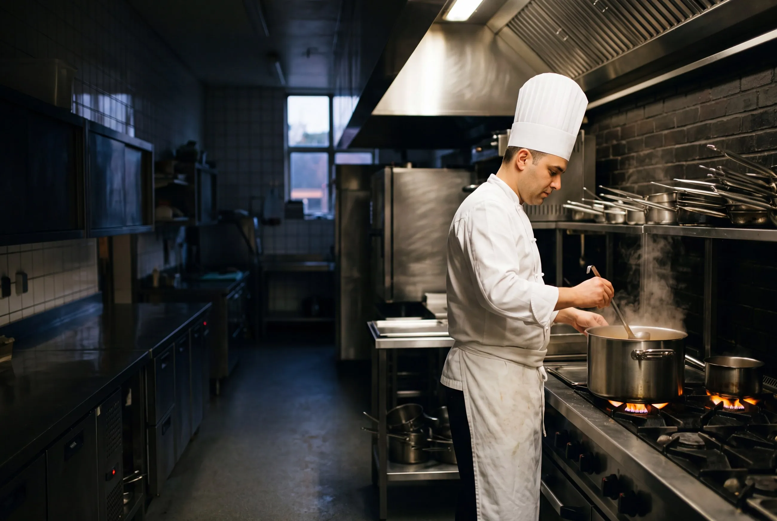 Chef experiente de dólmã, avental e toca trabalhando no fogão industrial